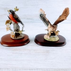 Owl & Robin Vintage Figurines With Wood Stand